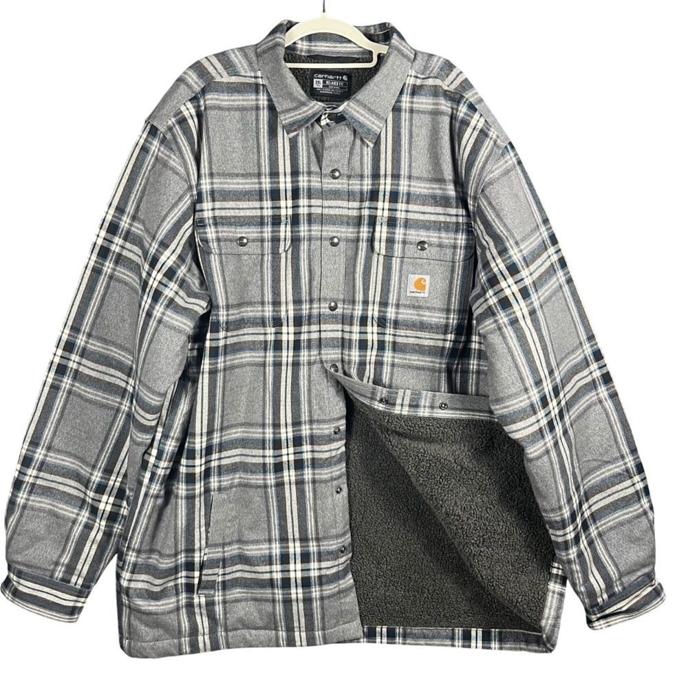Carhartt Shirt Jacket Mens 2XL Tall Gray Plaid Sherpa Lined Relaxed Fit Flannel